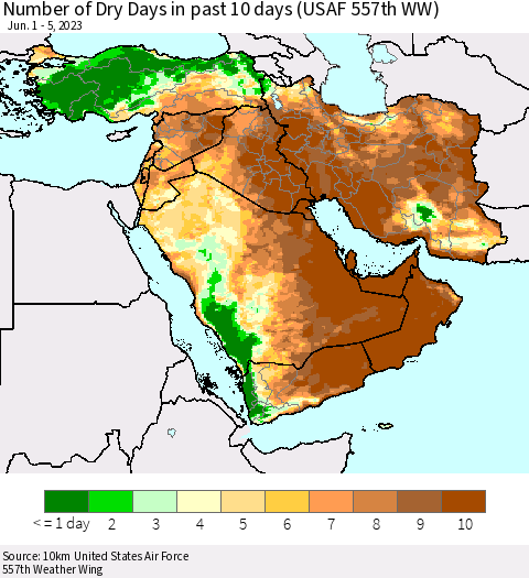 Middle East and Turkey Number of Dry Days in past 10 days (USAF 557th WW) Thematic Map For 6/1/2023 - 6/5/2023
