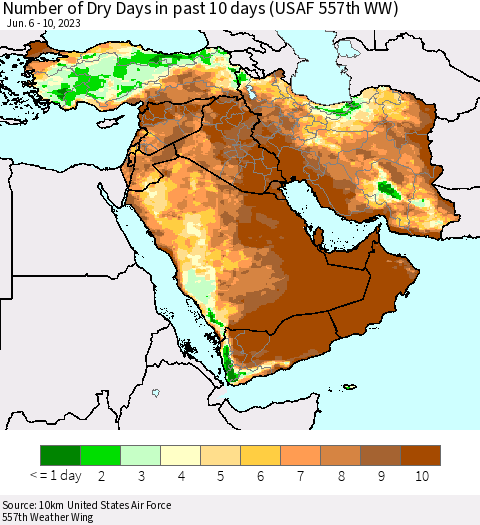 Middle East and Turkey Number of Dry Days in past 10 days (USAF 557th WW) Thematic Map For 6/6/2023 - 6/10/2023