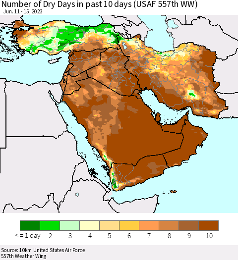 Middle East and Turkey Number of Dry Days in past 10 days (USAF 557th WW) Thematic Map For 6/11/2023 - 6/15/2023