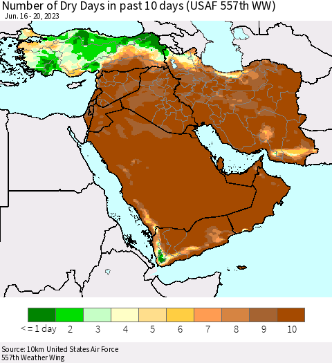 Middle East and Turkey Number of Dry Days in past 10 days (USAF 557th WW) Thematic Map For 6/16/2023 - 6/20/2023