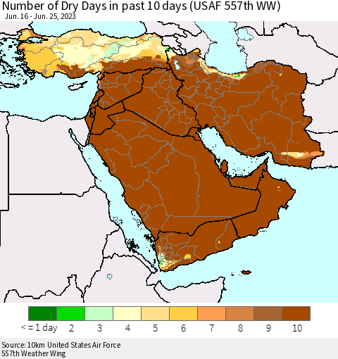 Middle East and Turkey Number of Dry Days in past 10 days (USAF 557th WW) Thematic Map For 6/21/2023 - 6/25/2023