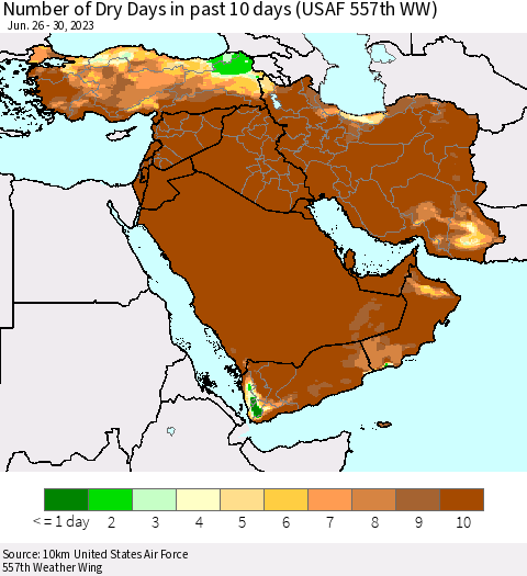 Middle East and Turkey Number of Dry Days in past 10 days (USAF 557th WW) Thematic Map For 6/26/2023 - 6/30/2023