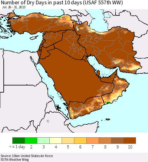 Middle East and Turkey Number of Dry Days in past 10 days (USAF 557th WW) Thematic Map For 7/26/2023 - 7/31/2023