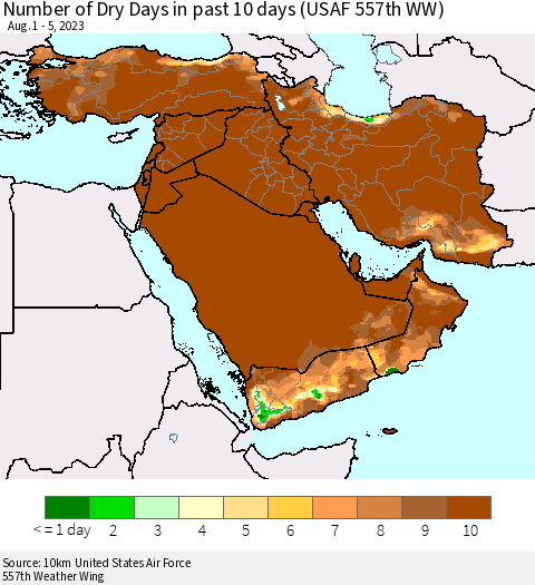 Middle East and Turkey Number of Dry Days in past 10 days (USAF 557th WW) Thematic Map For 8/1/2023 - 8/5/2023