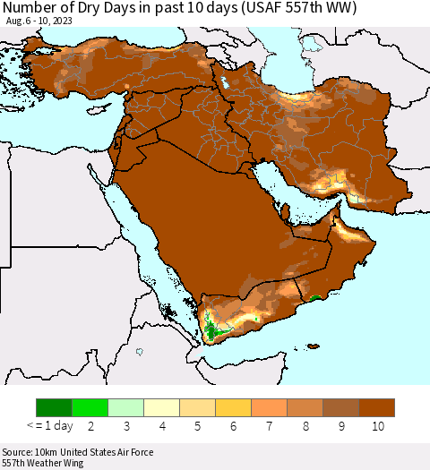 Middle East and Turkey Number of Dry Days in past 10 days (USAF 557th WW) Thematic Map For 8/6/2023 - 8/10/2023
