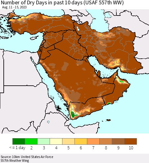Middle East and Turkey Number of Dry Days in past 10 days (USAF 557th WW) Thematic Map For 8/11/2023 - 8/15/2023