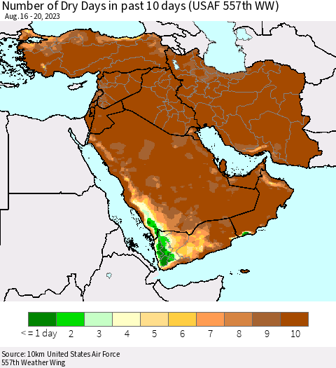 Middle East and Turkey Number of Dry Days in past 10 days (USAF 557th WW) Thematic Map For 8/16/2023 - 8/20/2023