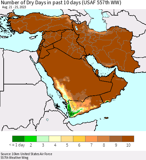 Middle East and Turkey Number of Dry Days in past 10 days (USAF 557th WW) Thematic Map For 8/21/2023 - 8/25/2023