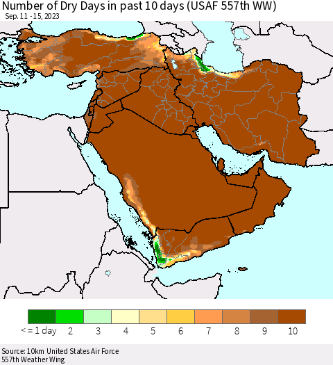 Middle East and Turkey Number of Dry Days in past 10 days (USAF 557th WW) Thematic Map For 9/11/2023 - 9/15/2023