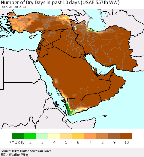 Middle East and Turkey Number of Dry Days in past 10 days (USAF 557th WW) Thematic Map For 9/26/2023 - 9/30/2023