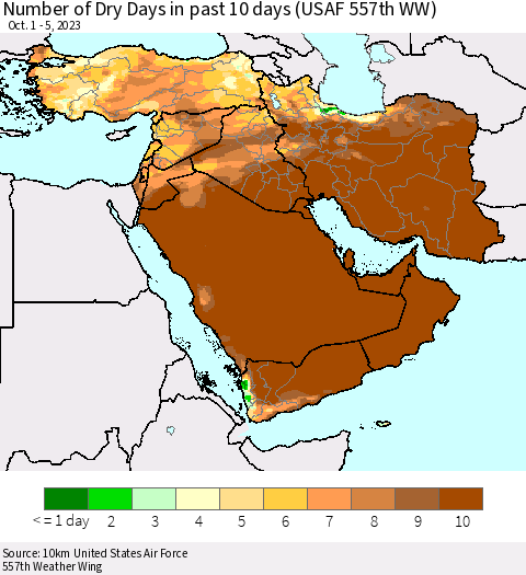 Middle East and Turkey Number of Dry Days in past 10 days (USAF 557th WW) Thematic Map For 10/1/2023 - 10/5/2023