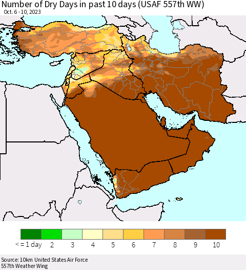 Middle East and Turkey Number of Dry Days in past 10 days (USAF 557th WW) Thematic Map For 10/6/2023 - 10/10/2023