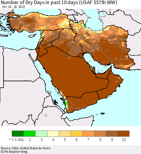 Middle East and Turkey Number of Dry Days in past 10 days (USAF 557th WW) Thematic Map For 10/16/2023 - 10/20/2023