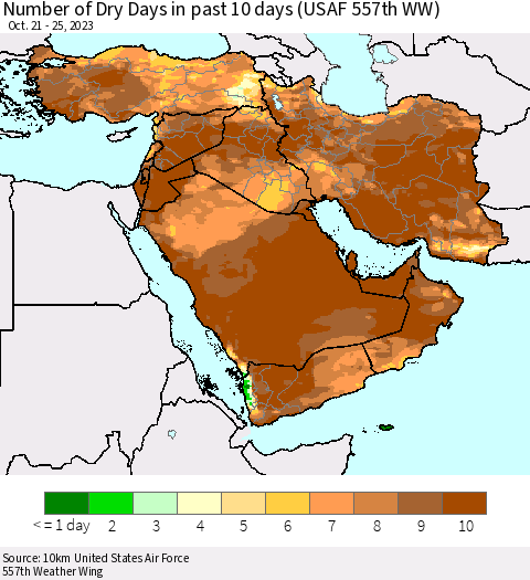 Middle East and Turkey Number of Dry Days in past 10 days (USAF 557th WW) Thematic Map For 10/21/2023 - 10/25/2023