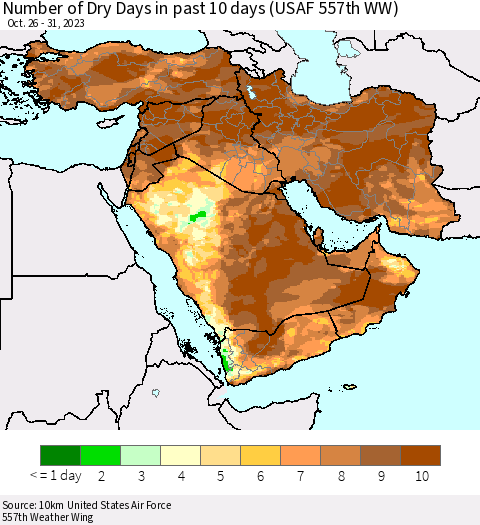 Middle East and Turkey Number of Dry Days in past 10 days (USAF 557th WW) Thematic Map For 10/26/2023 - 10/31/2023