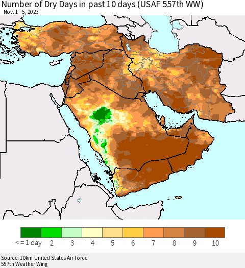Middle East and Turkey Number of Dry Days in past 10 days (USAF 557th WW) Thematic Map For 11/1/2023 - 11/5/2023