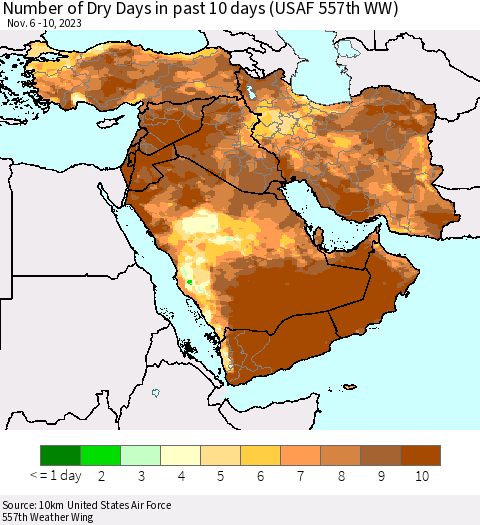 Middle East and Turkey Number of Dry Days in past 10 days (USAF 557th WW) Thematic Map For 11/6/2023 - 11/10/2023