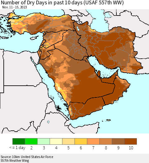 Middle East and Turkey Number of Dry Days in past 10 days (USAF 557th WW) Thematic Map For 11/11/2023 - 11/15/2023