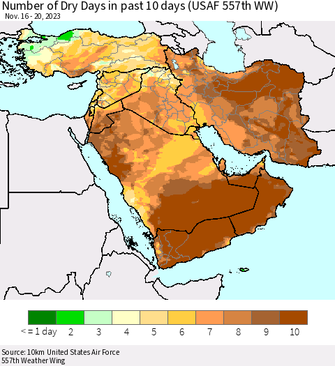 Middle East and Turkey Number of Dry Days in past 10 days (USAF 557th WW) Thematic Map For 11/16/2023 - 11/20/2023