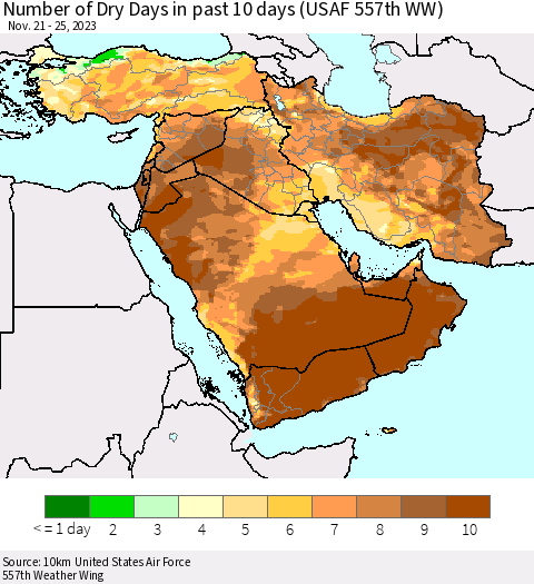 Middle East and Turkey Number of Dry Days in past 10 days (USAF 557th WW) Thematic Map For 11/21/2023 - 11/25/2023