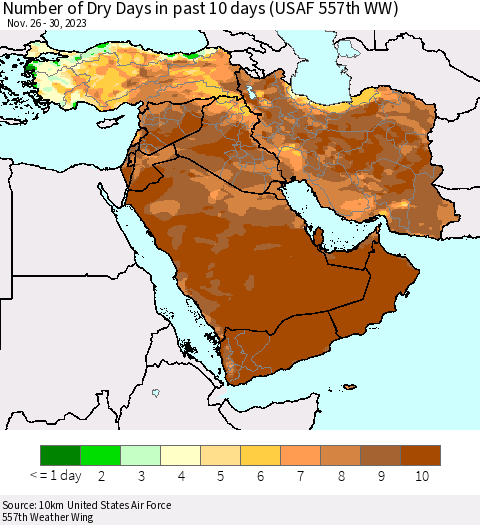 Middle East and Turkey Number of Dry Days in past 10 days (USAF 557th WW) Thematic Map For 11/26/2023 - 11/30/2023