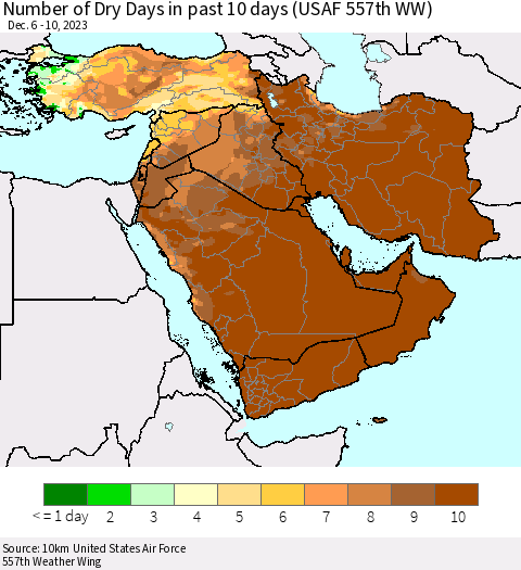 Middle East and Turkey Number of Dry Days in past 10 days (USAF 557th WW) Thematic Map For 12/6/2023 - 12/10/2023