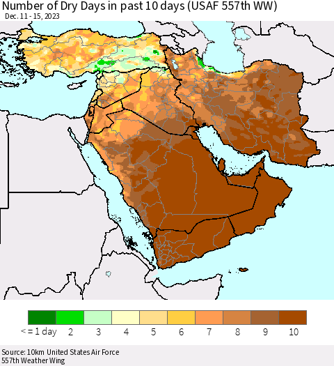 Middle East and Turkey Number of Dry Days in past 10 days (USAF 557th WW) Thematic Map For 12/11/2023 - 12/15/2023