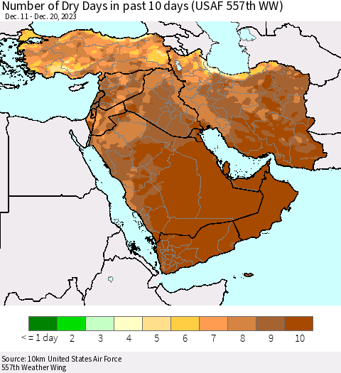 Middle East and Turkey Number of Dry Days in past 10 days (USAF 557th WW) Thematic Map For 12/16/2023 - 12/20/2023