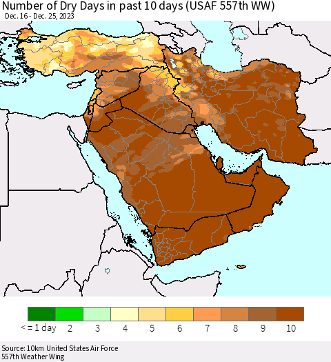 Middle East and Turkey Number of Dry Days in past 10 days (USAF 557th WW) Thematic Map For 12/21/2023 - 12/25/2023
