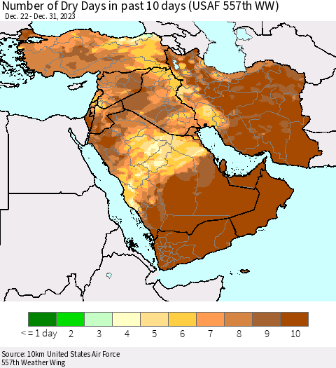 Middle East and Turkey Number of Dry Days in past 10 days (USAF 557th WW) Thematic Map For 12/26/2023 - 12/31/2023
