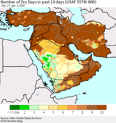 Middle East and Turkey Number of Dry Days in past 10 days (USAF 557th WW) Thematic Map For 4/1/2024 - 4/5/2024