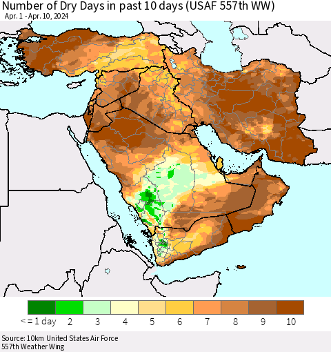Middle East and Turkey Number of Dry Days in past 10 days (USAF 557th WW) Thematic Map For 4/6/2024 - 4/10/2024