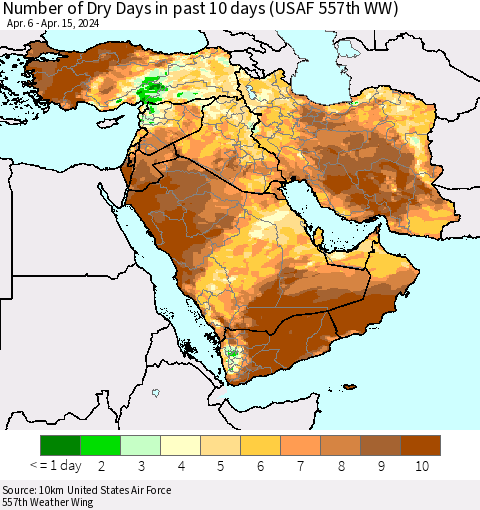 Middle East and Turkey Number of Dry Days in past 10 days (USAF 557th WW) Thematic Map For 4/11/2024 - 4/15/2024