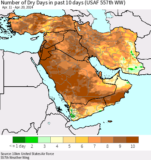 Middle East and Turkey Number of Dry Days in past 10 days (USAF 557th WW) Thematic Map For 4/16/2024 - 4/20/2024