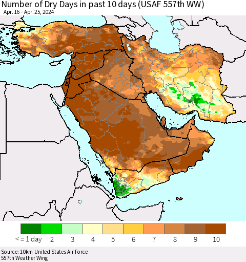 Middle East and Turkey Number of Dry Days in past 10 days (USAF 557th WW) Thematic Map For 4/21/2024 - 4/25/2024