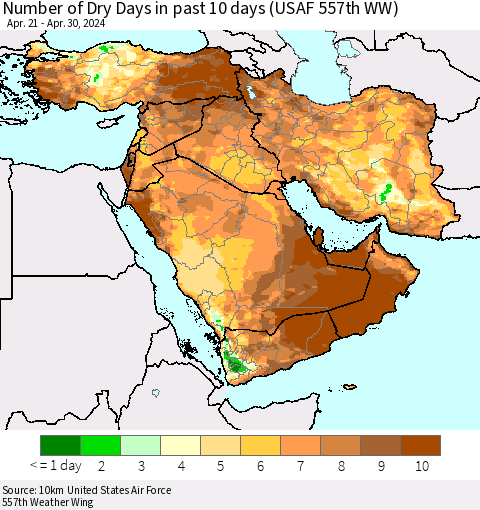 Middle East and Turkey Number of Dry Days in past 10 days (USAF 557th WW) Thematic Map For 4/26/2024 - 4/30/2024