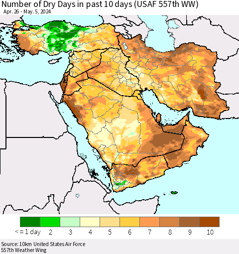 Middle East and Turkey Number of Dry Days in past 10 days (USAF 557th WW) Thematic Map For 5/1/2024 - 5/5/2024