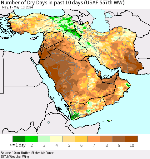 Middle East and Turkey Number of Dry Days in past 10 days (USAF 557th WW) Thematic Map For 5/6/2024 - 5/10/2024