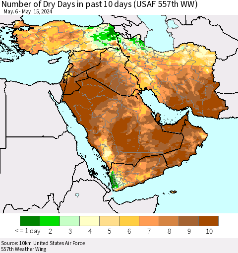 Middle East and Turkey Number of Dry Days in past 10 days (USAF 557th WW) Thematic Map For 5/11/2024 - 5/15/2024