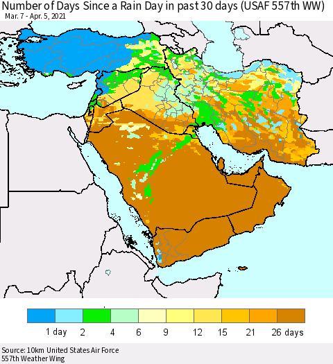 Middle East and Turkey Number of Days Since a Rain Day in past 30 days (USAF 557th WW) Thematic Map For 4/1/2021 - 4/5/2021