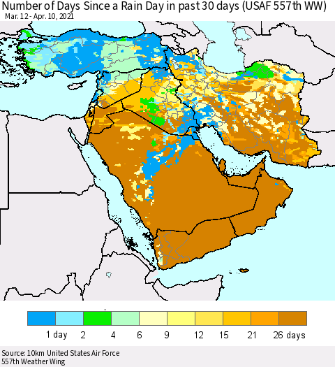 Middle East and Turkey Number of Days Since a Rain Day in past 30 days (USAF 557th WW) Thematic Map For 4/6/2021 - 4/10/2021