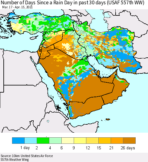 Middle East and Turkey Number of Days Since a Rain Day in past 30 days (USAF 557th WW) Thematic Map For 4/11/2021 - 4/15/2021