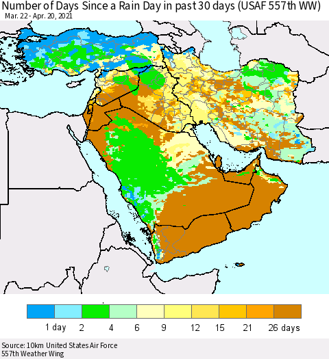 Middle East and Turkey Number of Days Since a Rain Day in past 30 days (USAF 557th WW) Thematic Map For 4/16/2021 - 4/20/2021