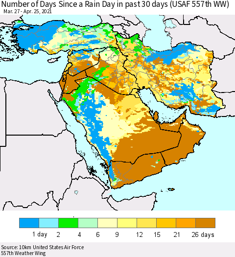 Middle East and Turkey Number of Days Since a Rain Day in past 30 days (USAF 557th WW) Thematic Map For 4/21/2021 - 4/25/2021