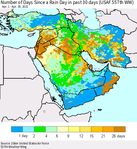 Middle East and Turkey Number of Days Since a Rain Day in past 30 days (USAF 557th WW) Thematic Map For 4/26/2021 - 4/30/2021