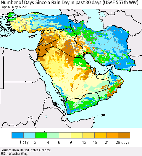 Middle East and Turkey Number of Days Since a Rain Day in past 30 days (USAF 557th WW) Thematic Map For 5/1/2021 - 5/5/2021