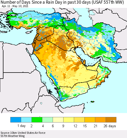 Middle East and Turkey Number of Days Since a Rain Day in past 30 days (USAF 557th WW) Thematic Map For 5/6/2021 - 5/10/2021