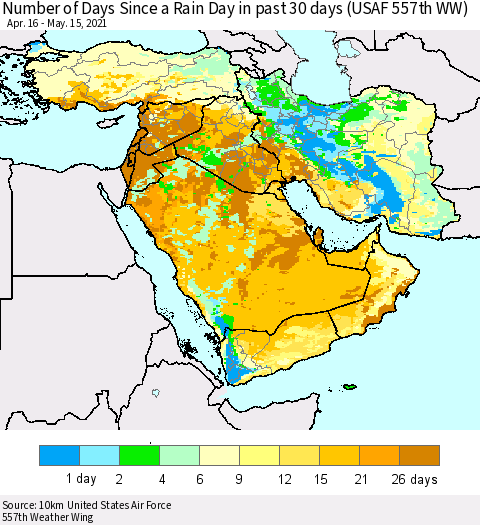 Middle East and Turkey Number of Days Since a Rain Day in past 30 days (USAF 557th WW) Thematic Map For 5/11/2021 - 5/15/2021