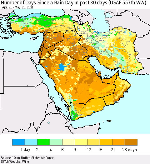 Middle East and Turkey Number of Days Since a Rain Day in past 30 days (USAF 557th WW) Thematic Map For 5/16/2021 - 5/20/2021