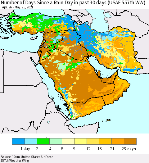 Middle East and Turkey Number of Days Since a Rain Day in past 30 days (USAF 557th WW) Thematic Map For 5/21/2021 - 5/25/2021